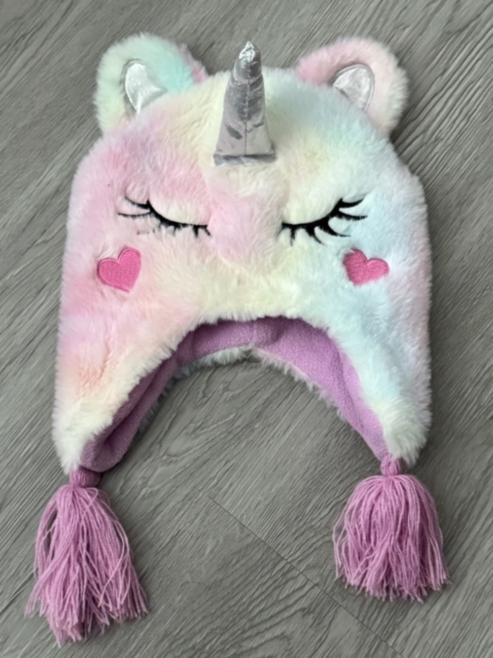 Addie & Tate Toddler Girls Soft Faux Fur  Purple/Pink/Blue Unicorn Hat W/Tassels